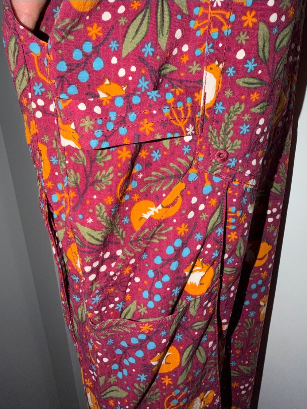 Duluth Trading Co Maroon Floral Fox Print Overalls - Picture 8 of 13